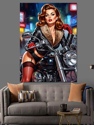 Artmeg Motosiklet Üzerinde Kadın Sürücü Dekoratif Kanvas - Mdf Ahşap Tablo