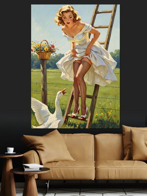 Artmeg Merdivenden Inen Pin Up Kızı Dekoratif Kanvas - Mdf Ahşap Tablo