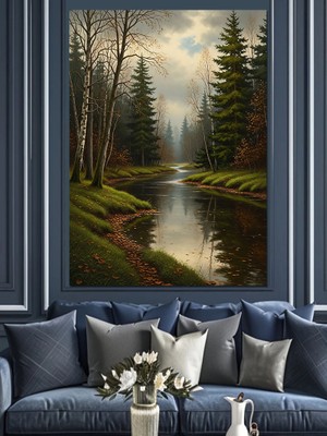 Tablomega Orman Içi Nehir Manzarası Dekoratif Kanvas - Mdf Ahşap Tablo
