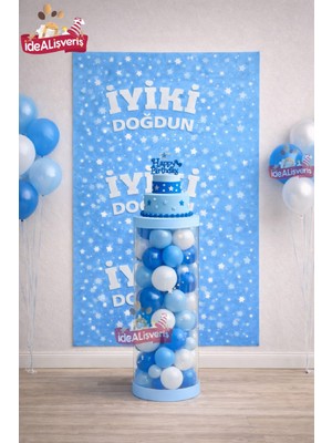 Erkek Çocukları Için Sade Şık Pvc Sütunlu Standlı Balonlubaskılıarkafonlu Doğum Günü Parti Seti Süsü