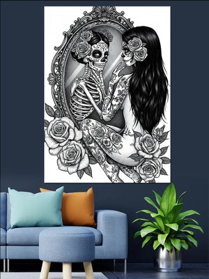 Artmeg Siyah Beyaz Kurukafa Dövme Dekoratif Kanvas - Mdf Ahşap Tablo