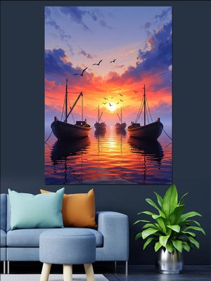 Karizma Tablo Gün Batımı Tekne Manzarası Dekoratif Kanvas - Mdf Ahşap Tablo