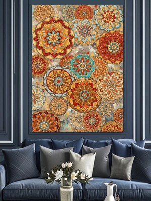 Artmeg Kırmızı Turuncu Desenli Tekstil Dekoratif Kanvas - Mdf Ahşap Tablo
