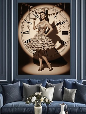 Karizma Tablo Dans Eden Vintage Kadın ve Saat Dekoratif Kanvas - Mdf Ahşap Tablo