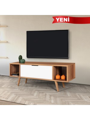 EVMO Home 3326 Mesir Tv Ünitesi 130 cm ( Ahşap Ayaklı , Metal Kulplu ) Söğüt - Beyaz