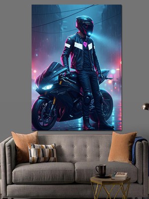 Tablomega Mor Işıkta Motosikletli Adam Dekoratif Kanvas - Mdf Ahşap Tablo