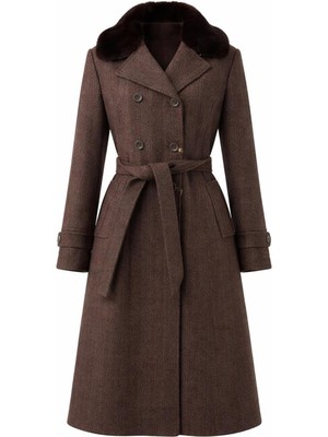 Esin Giyim Kürk Yakalı Kruvaze Kaşe Ara Boy Kaban - Old Money Tarz