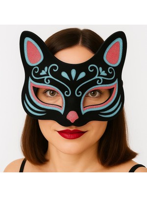 Kafkas Store I-Tdr Siyah Renk Süet Kaplama Üzeri Mavi Kırmızı Simli Kedi Maskesi 17X14 cm