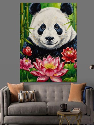 Artmeg Nilüfer Çiçeğinde Panda Ayı Dekoratif Kanvas - Mdf Ahşap Tablo