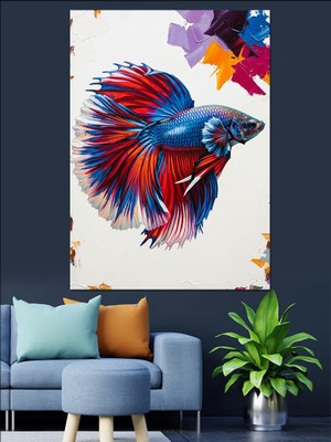 Artmeg Betta Balığı Mavi Kırmızı Dekoratif Kanvas - Mdf Ahşap Tablo