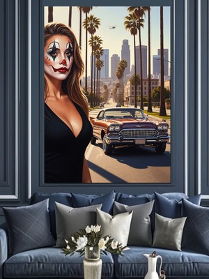 Tablomega Kırmızı Rujlu Kadın Araba Şehir Dekoratif Kanvas - Mdf Ahşap Tablo