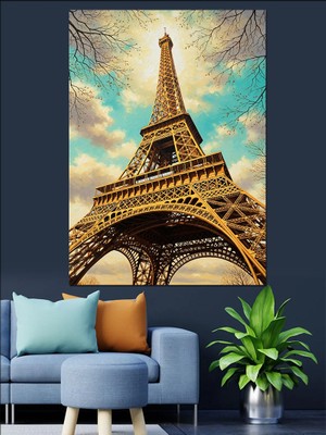 Tablomega Paris Eyfel Kulesi Bulutlu Hava Dekoratif Kanvas - Mdf Ahşap Tablo
