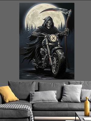 Artmeg Siyah Motor Üstünde Kurukafa Dekoratif Kanvas - Mdf Ahşap Tablo