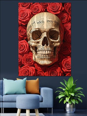Tablomega Kırmızı Güllü Kafatası Kemik Detay Dekoratif Kanvas - Mdf Ahşap Tablo