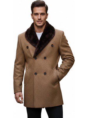 Uki Kahve Yakası Kürklü Kruvaze Kaban