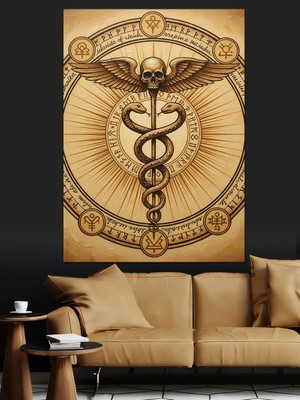 Karizma Tablo Tıbbi Sembol Yılan Asası Dekoratif Kanvas - Mdf Ahşap Tablo