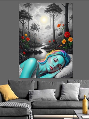 Karizma Tablo Ormanda Uyuyan Mavi Kadın Dekoratif Kanvas - Mdf Ahşap Tablo