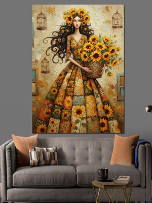 Artmeg Ayçiçekli Güzel Kadın Portresi Dekoratif Kanvas - Mdf Ahşap Tablo