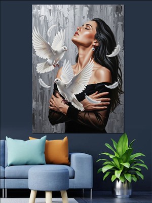 Tablomega Kuşlar ve Kadın Dekoratif Kanvas - Mdf Ahşap Tablo