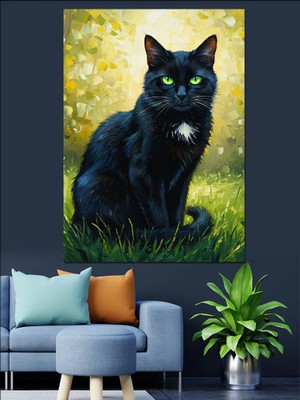 Artmeg Siyah Kedi Yeşil Göz Dekoratif Kanvas - Mdf Ahşap Tablo
