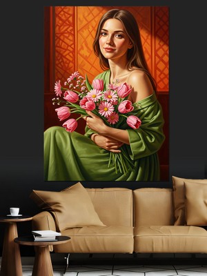 Karizma Tablo Buket Tutan Kırmızı Saçlı Kadın Dekoratif Kanvas - Mdf Ahşap Tablo