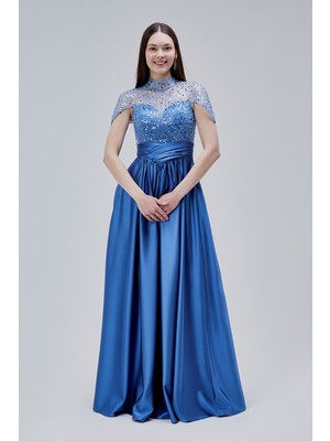 Asees Büzgülü Korsajlı Inci Boncuklu Saten Abiye Elbise