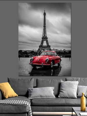 Karizma Tablo Kırmızı Araba ve Eyfel Kulesi Dekoratif Kanvas - Mdf Ahşap Tablo