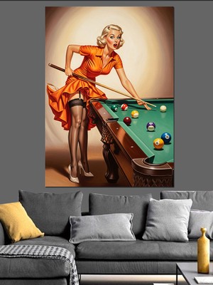Artmeg Bilardo Oynayan Pin-Up Kadın Dekoratif Kanvas - Mdf Ahşap Tablo