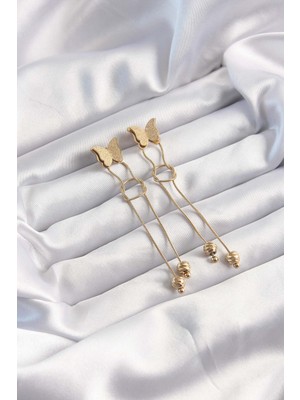 316L Çelik Altın Renk Sallantılı Düğüm Model Kelebek Küpe - Lisinya