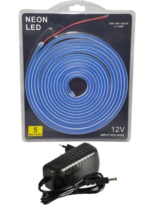 Powerr Led Aydınlatma 5 Metre 12 Volt 6X12 mm Esnek Mavi Neon LED  3A Plastik Adaptör Set