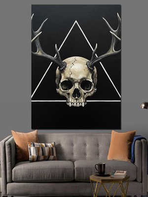 Artmeg Neon Kafatası Kemik Grafiği Dekoratif Kanvas - Mdf Ahşap Tablo