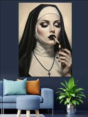 Artmeg Siyah Örtülü Rahibe Portresi Dekoratif Kanvas - Mdf Ahşap Tablo