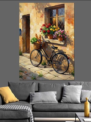 Artmeg Çiçekli Sokak Bisikleti Manzarası Dekoratif Kanvas - Mdf Ahşap Tablo