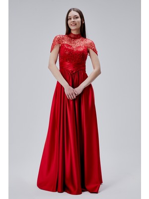 Asees Büzgülü Korsajlı Inci Boncuklu Saten Abiye Elbise