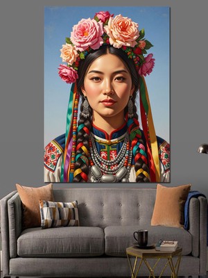 Tablomega Çiçekli Başlıklı Yerel Kadın Portresi Dekoratif Kanvas - Mdf Ahşap Tablo