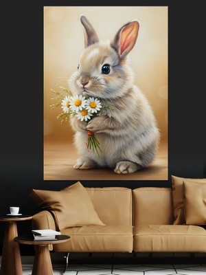 Tablomega Beyaz Tavşan Sarı Çiçek Tutan Dekoratif Kanvas - Mdf Ahşap Tablo