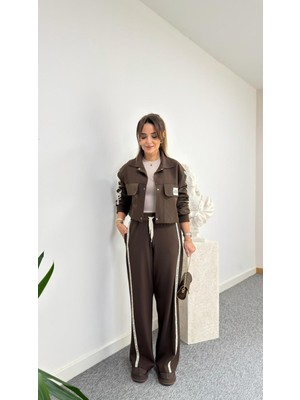 My Lunessa Kumaş Matchli Etiket Detaylı Kahverengi Eşofman Ceket Pantolon Ikili Takım