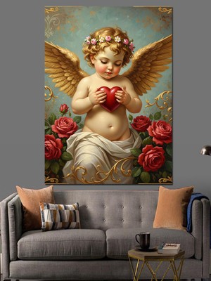 Artmeg Kırmızı Güllü Melek Figürü Dekoratif Kanvas - Mdf Ahşap Tablo