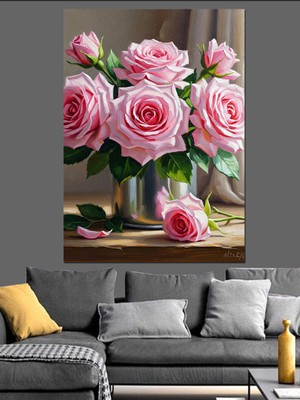 Tablomega Vazoda Pembe Gül Buketi Dekoratif Kanvas - Mdf Ahşap Tablo