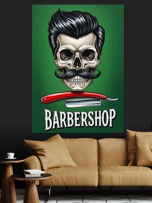 Karizma Tablo Berber Dükkanı Yeşil Posteri Dekoratif Kanvas - Mdf Ahşap Tablo