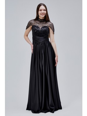 Asees Büzgülü Korsajlı Inci Boncuklu Saten Abiye Elbise