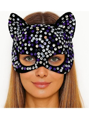 Kafkas Store I-Tdr Siyah Kadife Kumaş Üzerine Mor Beyaz Payetli Pullu Parti Maskesi 16X14 cm