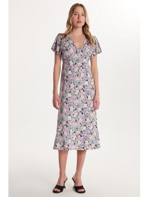 Tudors Kadın Standart Fit Viskon V Yaka Midi Elbise