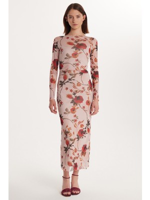 Tudors Kadın Standart Fit Uzun Kollu Bisiklet Yaka Çiçek Baskılı Elbise