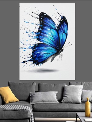 Tablomega Mavi Kelebek Suluboya Nokta Sanatı Dekoratif Kanvas - Mdf Ahşap Tablo