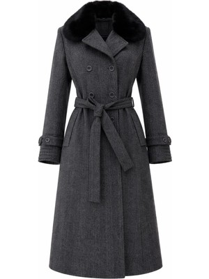 Esin Giyim Kürk Yakalı Kruvaze Kaşe Ara Boy Kaban - Old Money Tarz