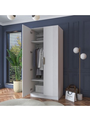 Rani BA181 Membran Kapaklı Gardırop 2 Raflı  Askılı 2 Kapaklı Elbise Dolabı Beyaz