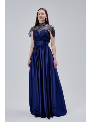 Asees Büzgülü Korsajlı Inci Boncuklu Saten Abiye Elbise