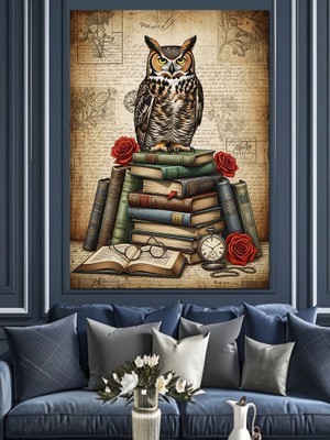 Artmeg Kitaplar ve Baykuş  Dekoratif Kanvas - Mdf Ahşap Tablo