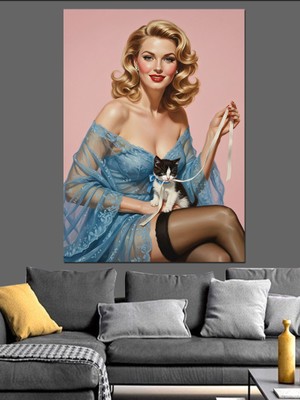 Tablomega Pin Up Kızı Mavi Elbise Dekoratif Kanvas - Mdf Ahşap Tablo